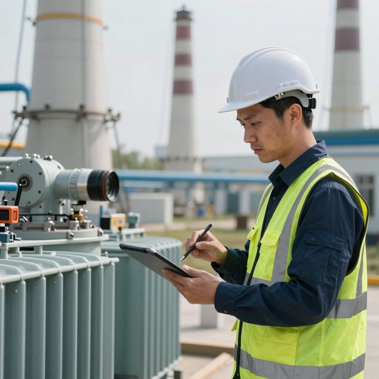 An engineer using a digital tablet to inspect a transformer at an industrial energy site, emphasizing technology.