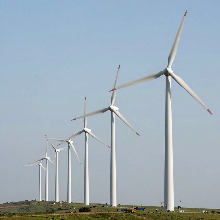 A row of towering white wind turbines on a green ridge under bright daylight, symbolizing clean energy growth.