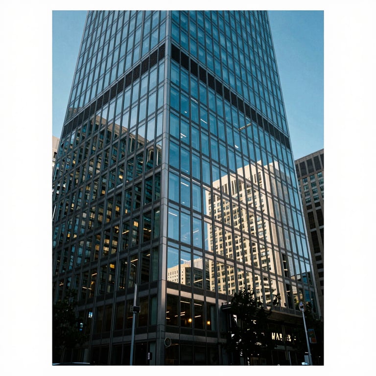 Modern architectural glass building reflecting a clear blue sky in a bustling North American business district.