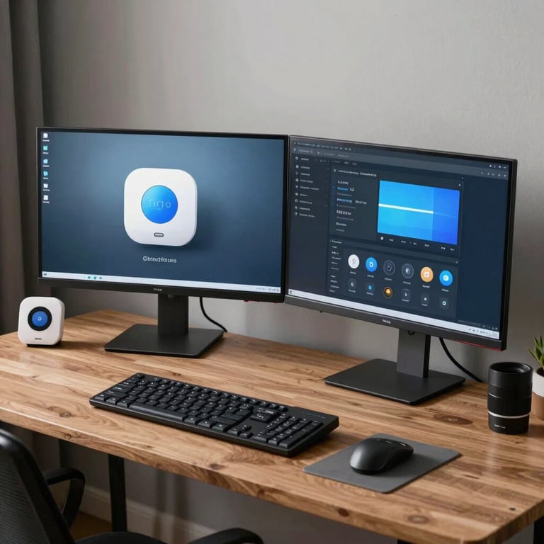 An ergonomic home office setup in a US home with dual monitors and smart home devices, exuding cutting-edge technology and reliability.