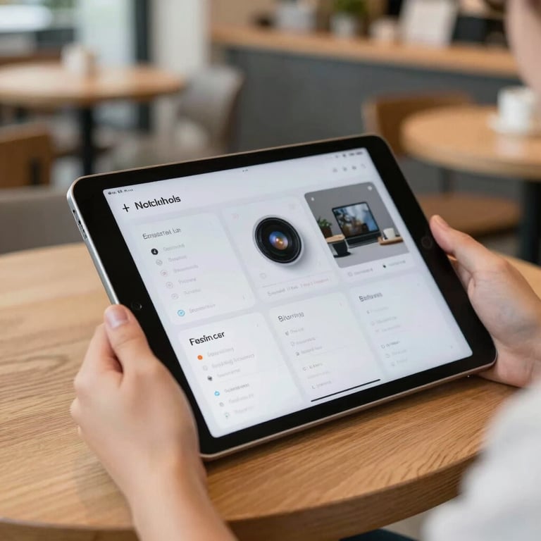A person using a high-end tablet in a bright, modern North American cafe, focusing on a clean and intuitive user interface.