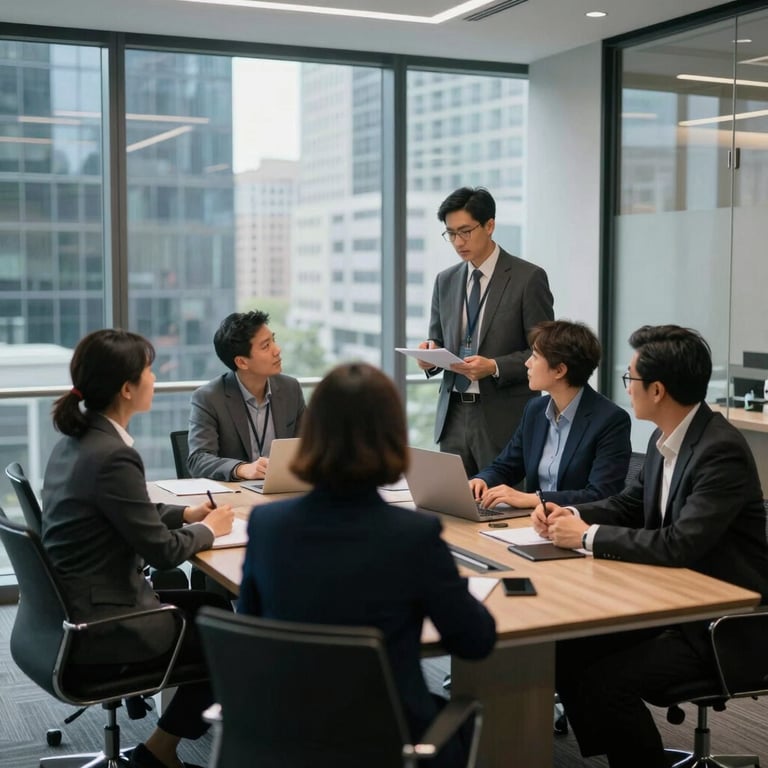 A team of professionals collaborating in a modern glass-walled conference room in a North American / US city, sophisticated and innovative atmosphere.