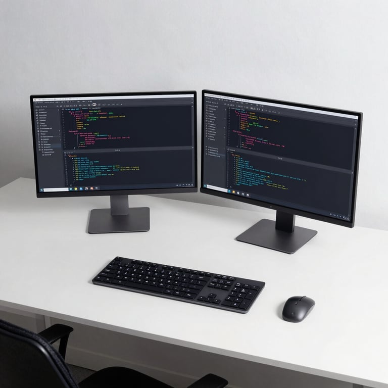 An overhead shot of a clean, minimalist workspace with dual monitors displaying software code and bright lighting.