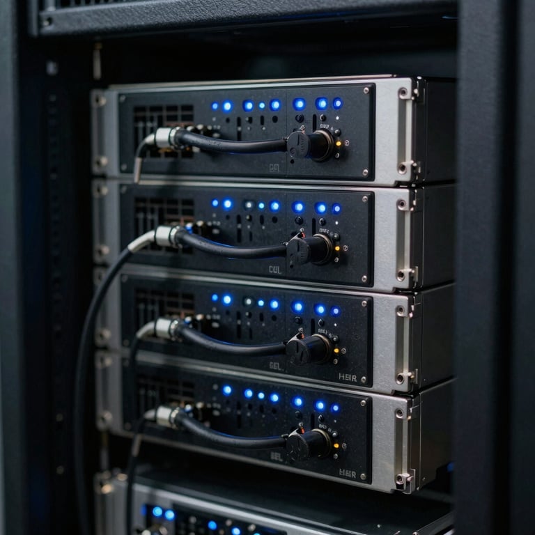 A close-up of high-tech server hardware with soft blue LED indicators in a professional environment.