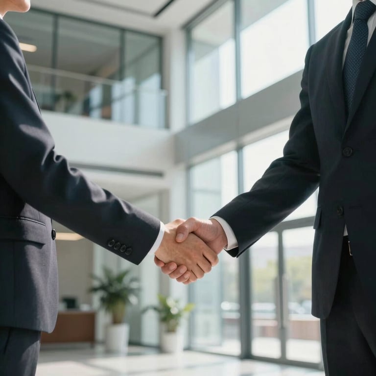 Two professionals in business attire shaking hands in a bright, modern US office lobby with glass walls.