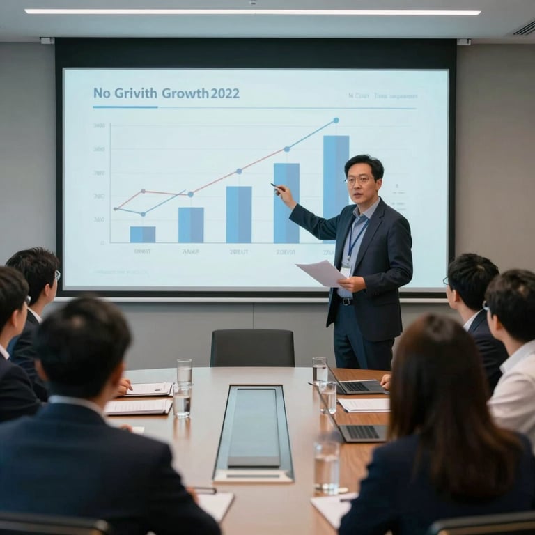 A specialist consultant presenting growth data on a large screen to a focused audience in a sleek boardroom.
