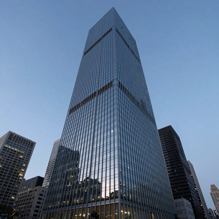 A wide-angle photography shot of a modern glass skyscraper in a major North American city during the blue hour at dusk.