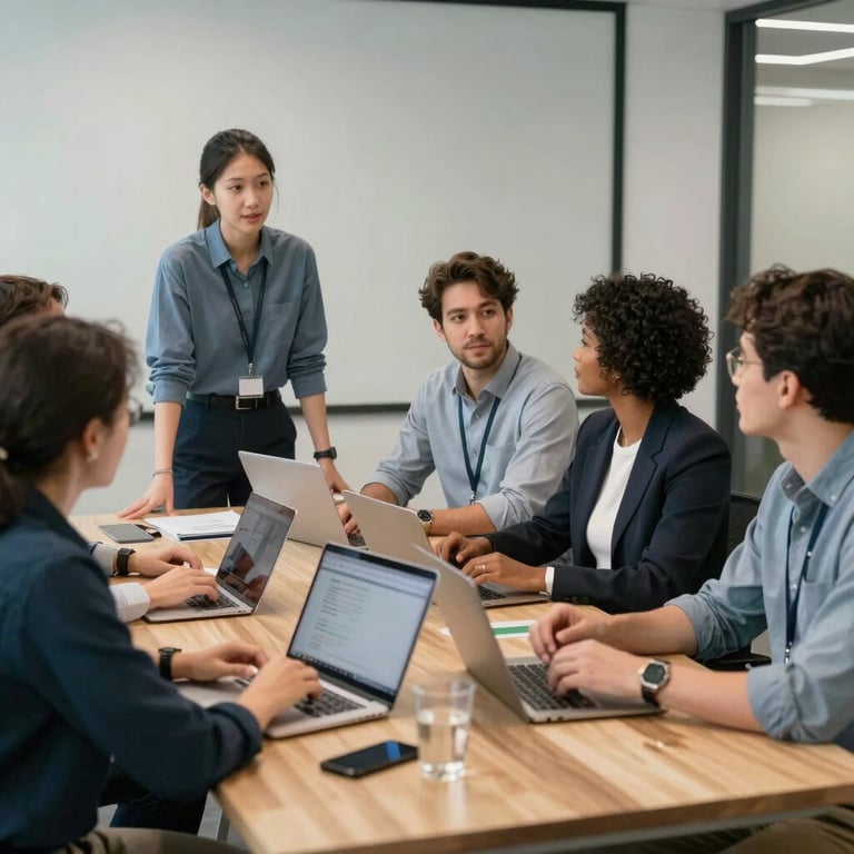 A group of diverse tech professionals in a North American corporate setting having a productive stand-up meeting.