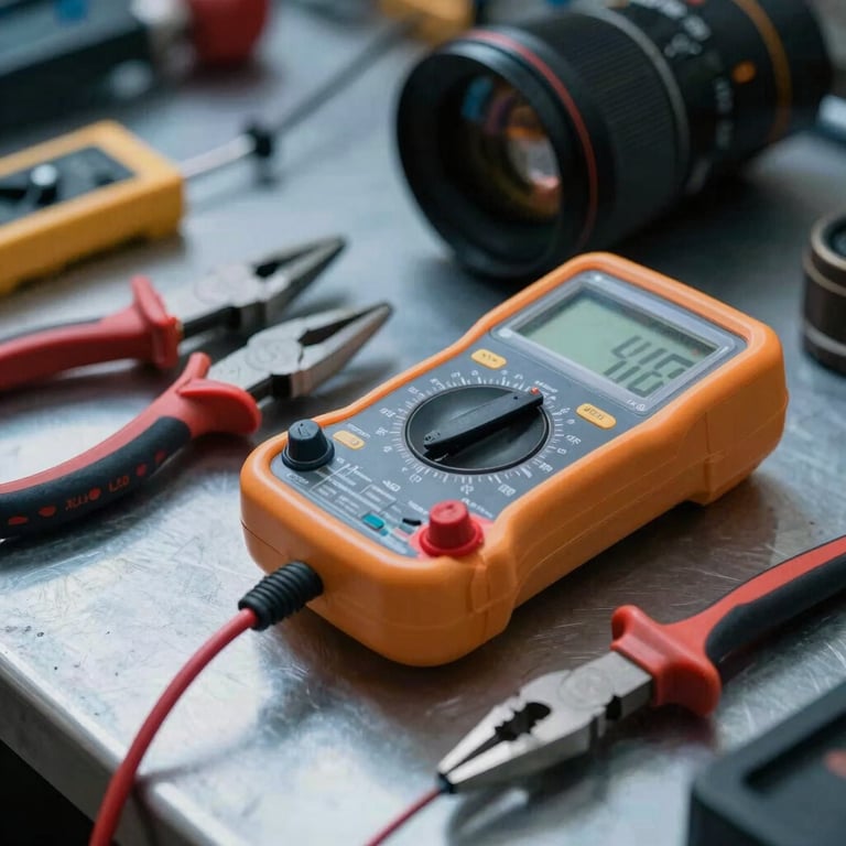 Close up of professional electrical tools including a multimeter and pliers on a Steel Blue surface in a North American / US workshop.