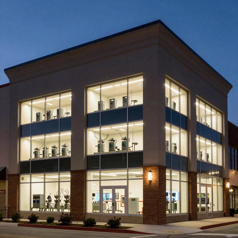 Exterior of a modern North American / US commercial building at twilight, brightly lit windows showcasing reliable power systems.
