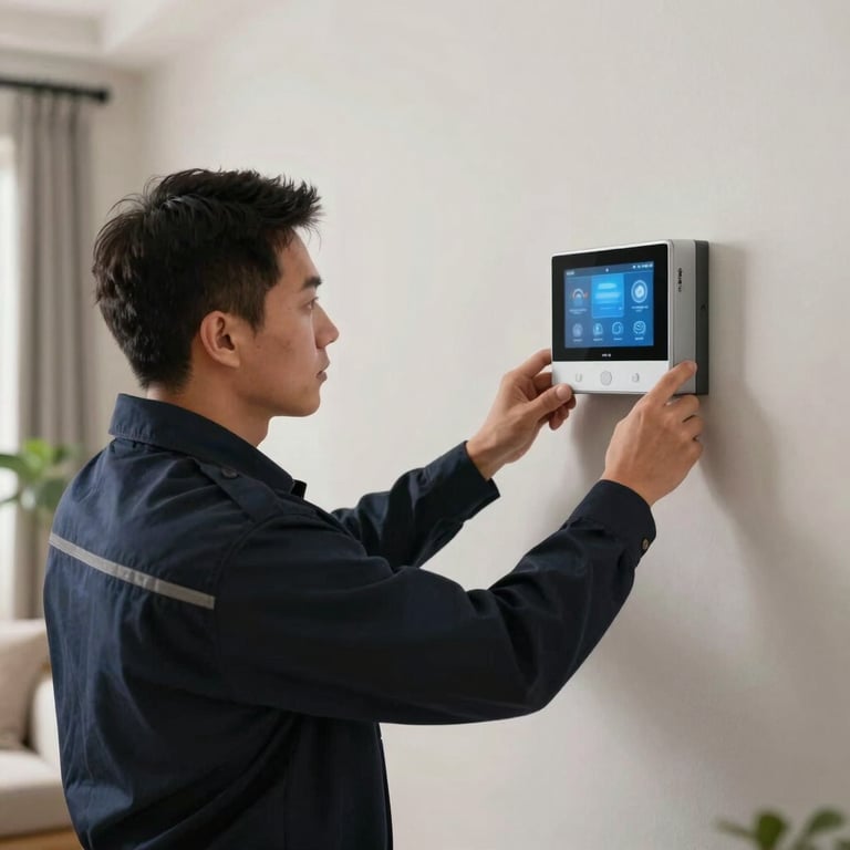 A licensed professional installing a smart home system in a North American / US living room, wearing a Dark Navy uniform.