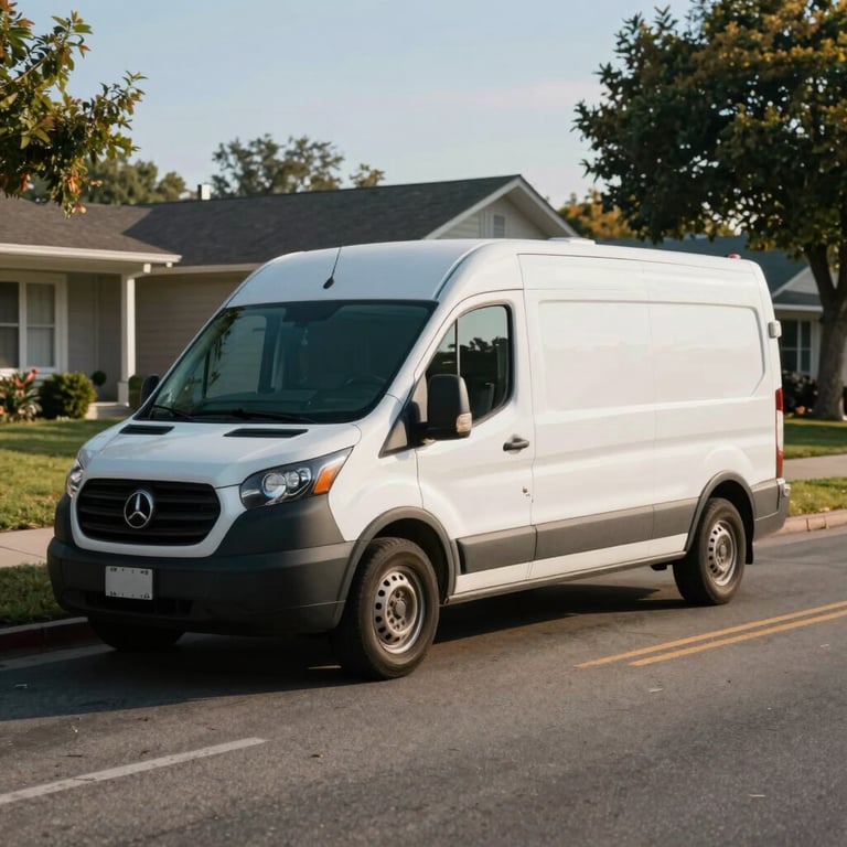 A service van with subtle branding parked on a quiet North American / US suburban street during a bright afternoon.