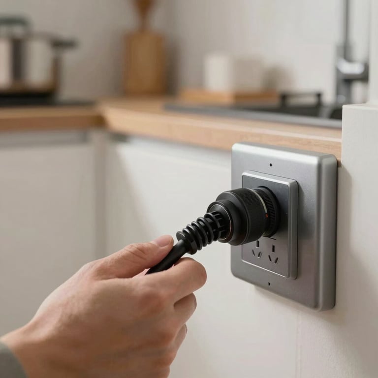 Detailed shot of a professional hand testing a power outlet with high-tech equipment in a modern North American / US kitchen.