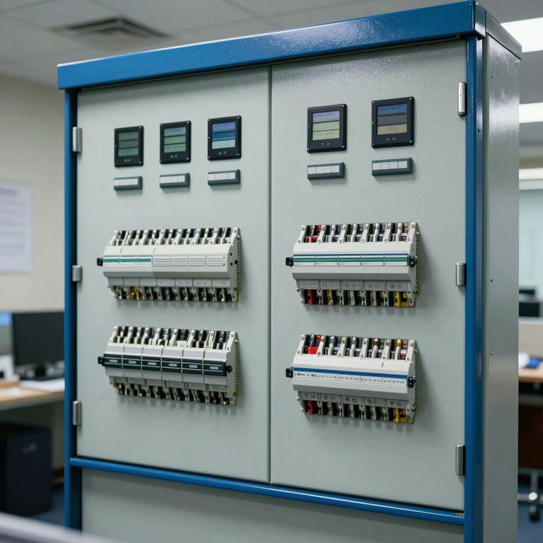 A neatly organized interior of an electrical control box in a North American / US office building, Steel Blue accents.