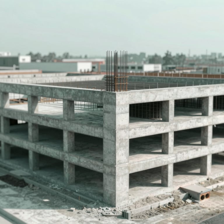 A detailed shot of a reinforced concrete foundation for a commercial building, showing technical precision. Clean, professional lighting with #345D7E tones.