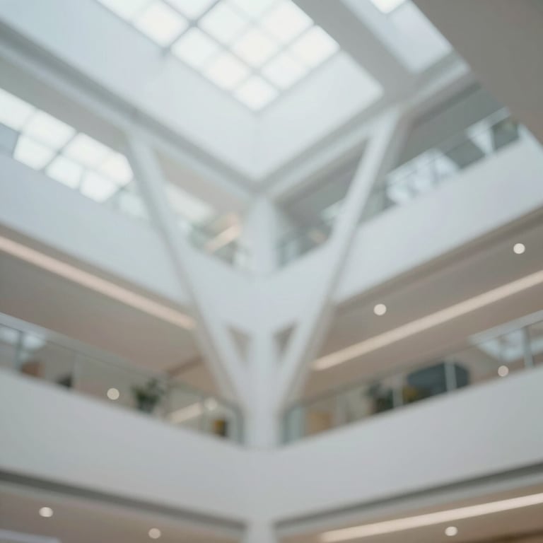 Interior view of a modern commercial structure highlighting complex structural beams and architectural mastery.