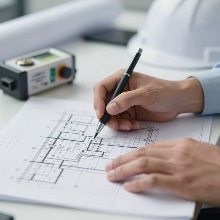 A close-up of a structural engineer's hands reviewing technical plans next to high-tech measuring equipment. Uses #0B1C2E and #F5F8FA.