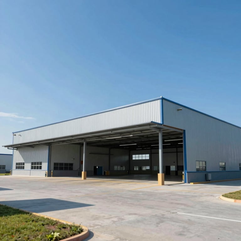 Panoramic view of a modern steel-framed industrial warehouse under a clear blue sky. Professional corporate style.
