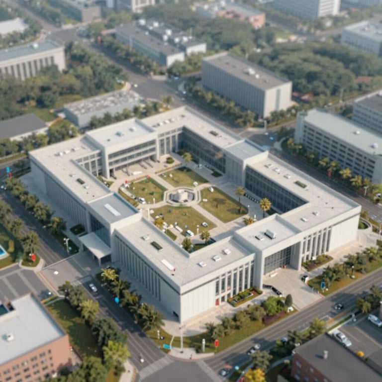 Aerial view of an institutional project site, showcasing operative capacity and scale. Bright, professional lighting.