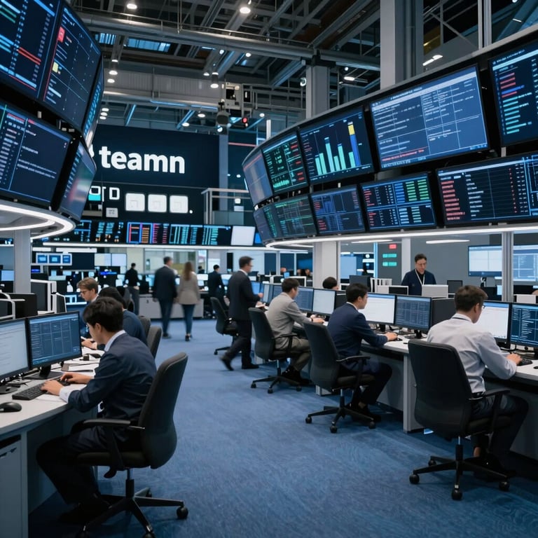 The interior of a high-tech trading floor with blurred figures moving with purpose, International Financial Market / Professional, dominated by a dark blue aesthetic.