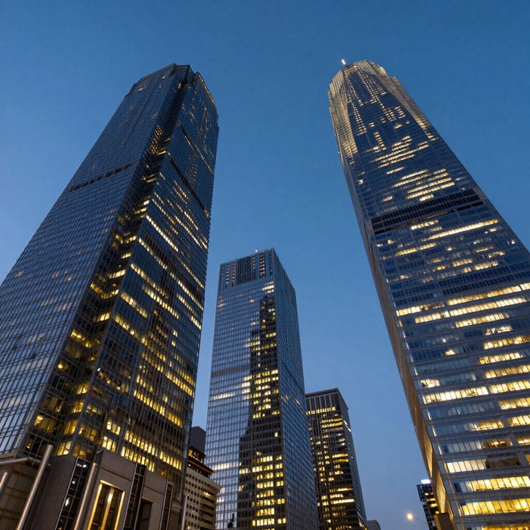 A low-angle shot of towering skyscrapers in a financial district at dusk, International Financial Market / Professional, with lights shimmering in deep blue and gold.