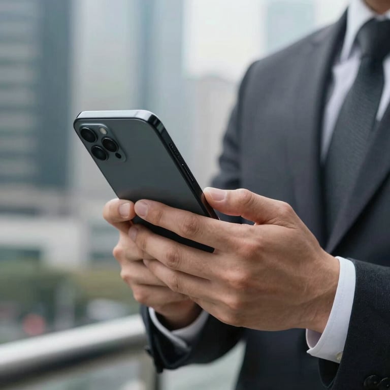 A close-up of a professional in business attire checking a sleek smartphone, International Financial Market / Professional, against a blurred city backdrop.