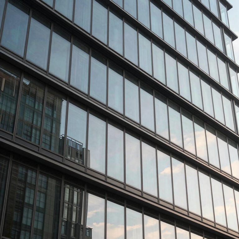 Modern architectural detail of a glass and steel facade, reflecting the morning sky, International Financial Market / Professional, clean and sophisticated.