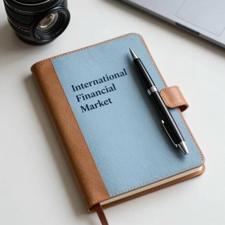 An overhead view of a clean, organized desk with a leather notebook and an expensive pen, International Financial Market / Professional, in light blue and tan tones.