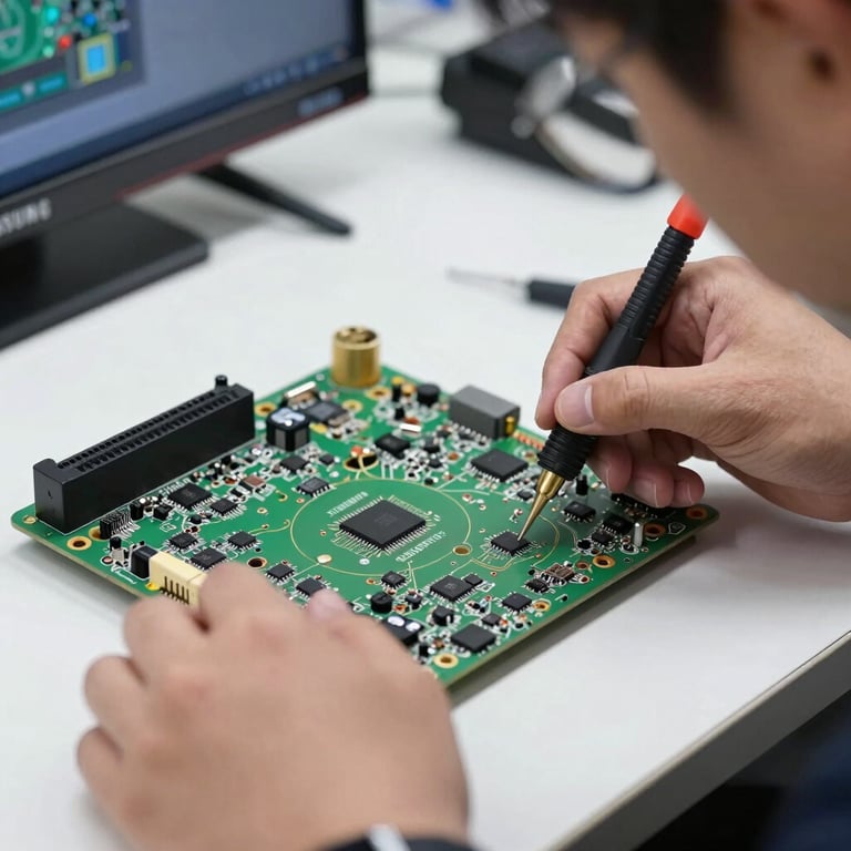 Close-up of a professional technician's hands using diagnostic tools on a Samsung Smart TV main board, bright clean workshop lighting, precise focus on microchips.