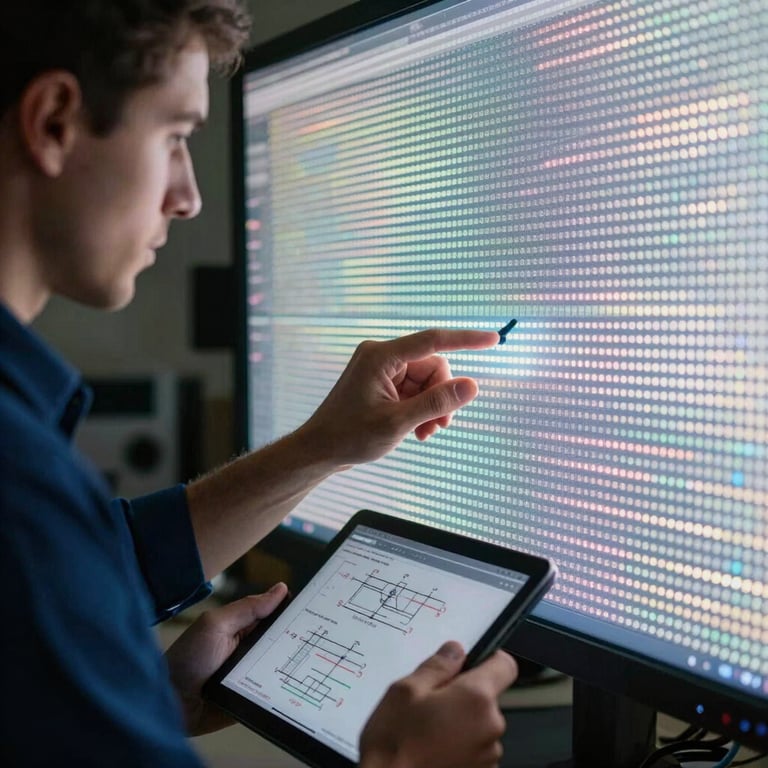Close-up of an engineer calibrating a high-density LED screen with structural calculations visible on a tablet, high-contrast lighting.