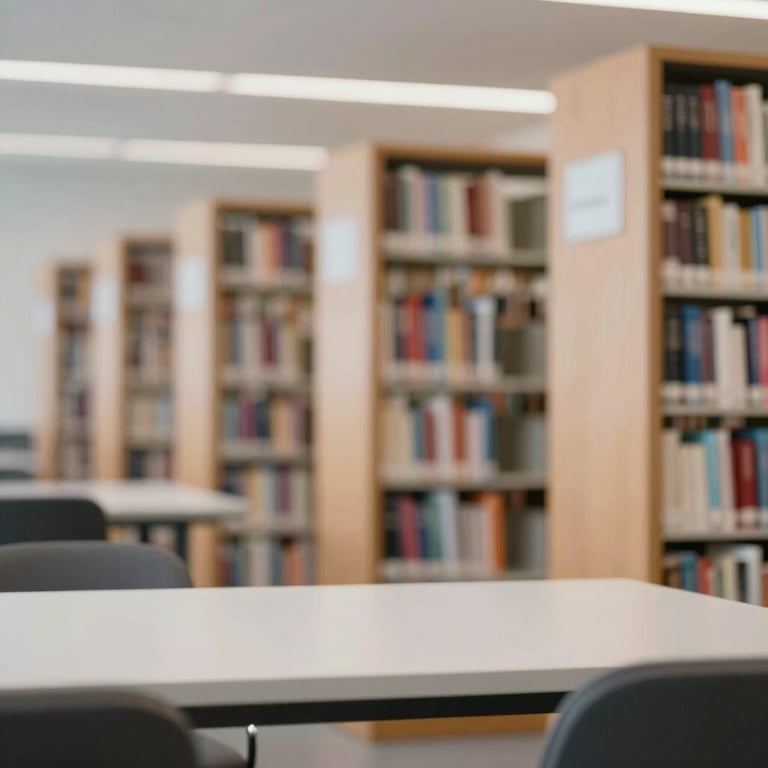 A clean, modern library setting with rows of books and a minimalist workspace in the foreground.