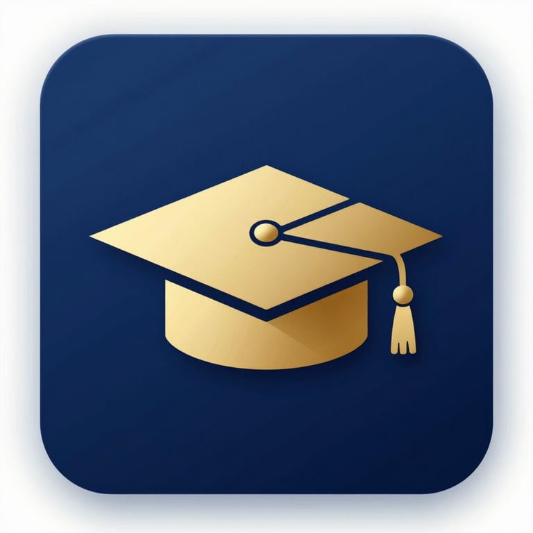 A premium gold graduation cap icon against a deep navy blue background, symbolizing academic excellence.