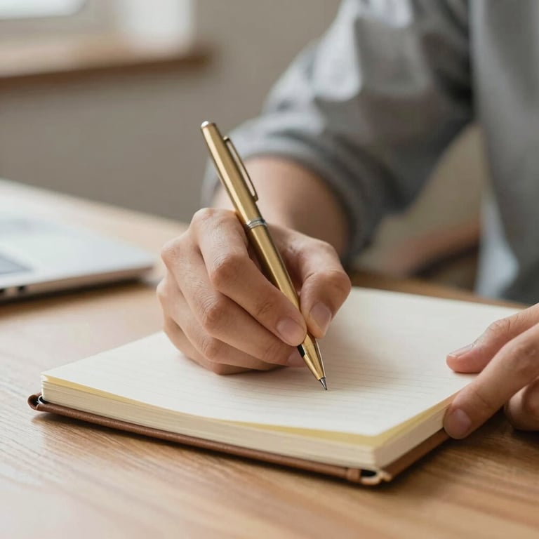 A focused close-up of a student writing in a leather notebook with a sophisticated gold pen, soft desk lighting.