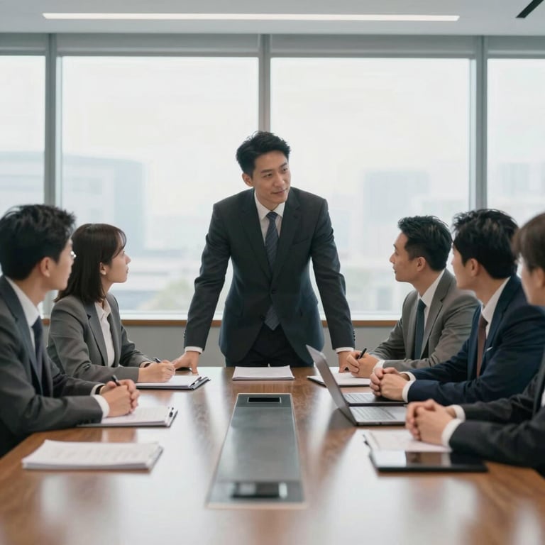 Team of managers collaborating around a modern conference table, reflecting managerial excellence.