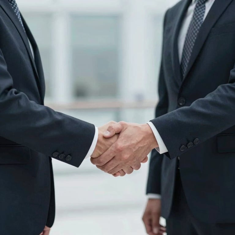 Two professionals in business attire shaking hands, symbolizing trust and credibility, natural professional lighting.