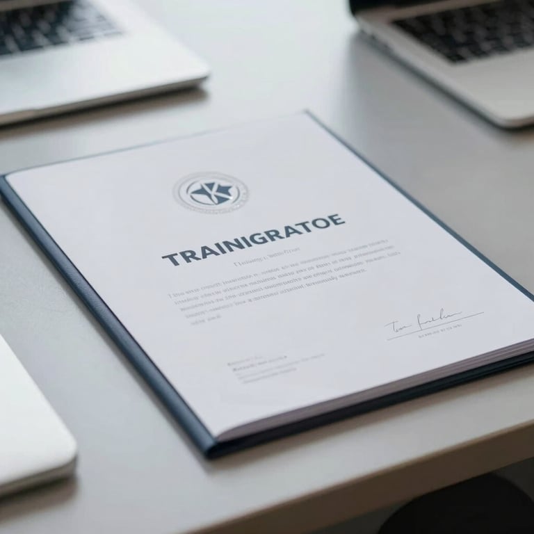 Close-up of a training certificate folder on a sleek desk, reflecting expertise and commitment to growth.