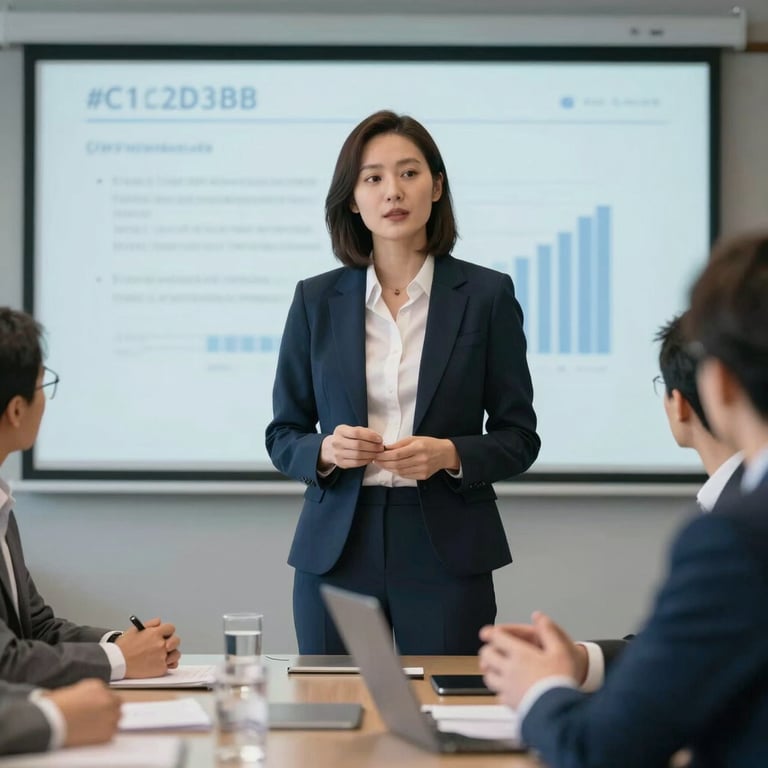 A focused corporate trainer leading a boardroom meeting, sophisticated atmosphere with #1C2D3B color palette.