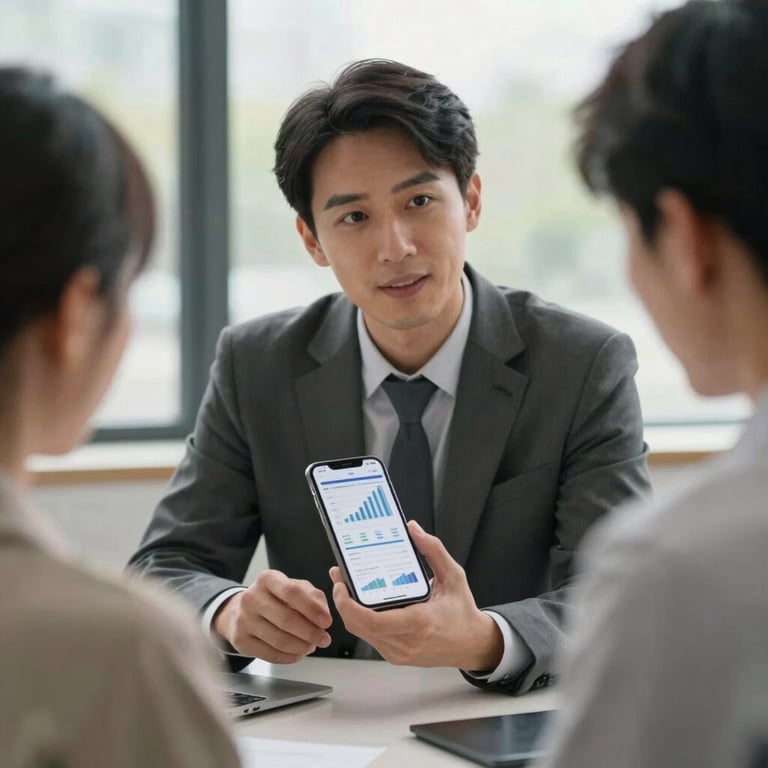 A professional consultant showing financial data on a smartphone to a customer, soft daylight through a window.