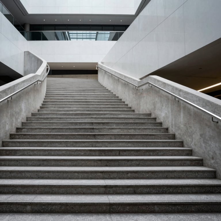 Abstract shot of a modern architectural staircase in a financial center, emphasizing clean lines and efficiency.