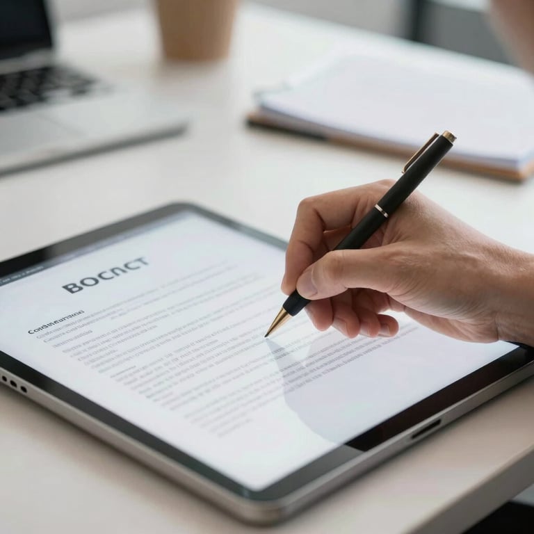 Close-up of hands signing a digital contract on a tablet in a professional Brazilian office setting.