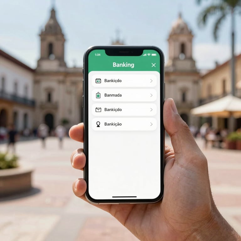 A handheld smartphone displaying a clean banking application interface in a bright, South American outdoor plaza.