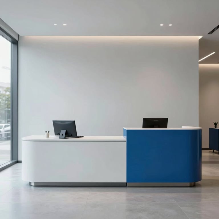 A minimalist and bright reception area of a modern tech company in South America, palette of light gray and blue.