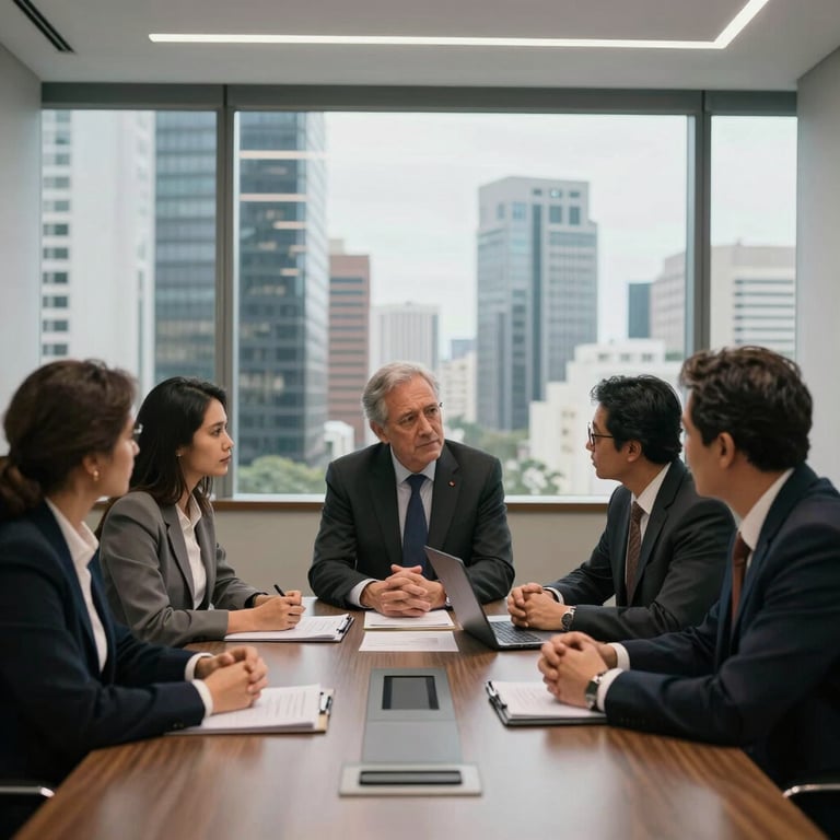 A group of professionals in a meeting room in a São Paulo business hub, discussing innovation and finance.