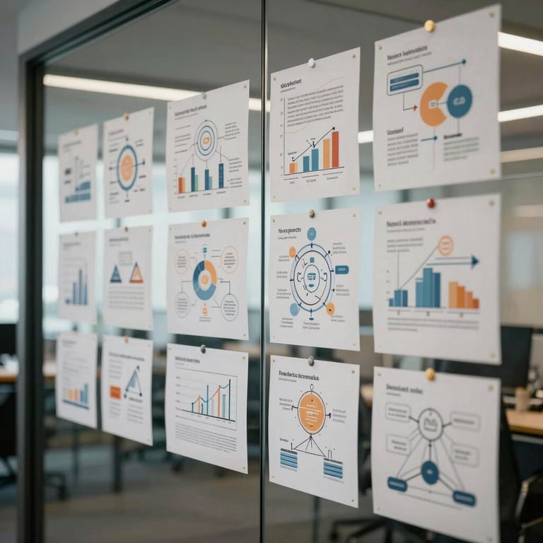 A glass wall in a North American / US workspace covered in strategic business diagrams and innovative concepts.
