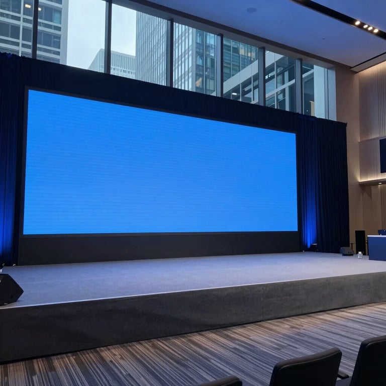 A wide shot of a high-tech corporate conference stage in a North American / US city, lit in sophisticated soft blue tones.