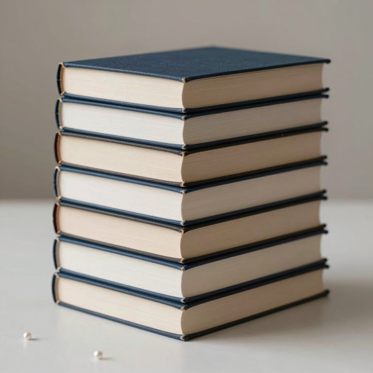 A stack of professionally published hardcover books on a minimalist pearl-colored surface.