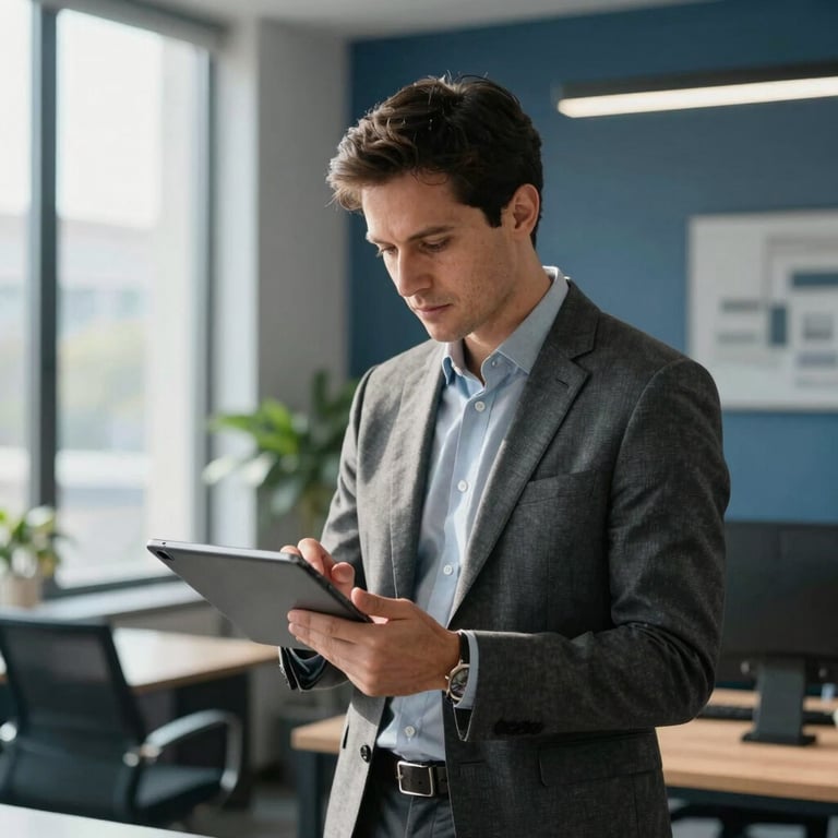 A strategic consultant using a tablet in a sunlit North American / US office with charcoal and steel blue decor.
