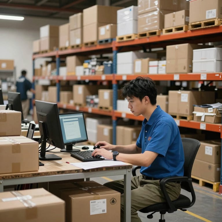 A clean, organized e-commerce fulfillment center in a North American / US hub, reflecting efficient operations.