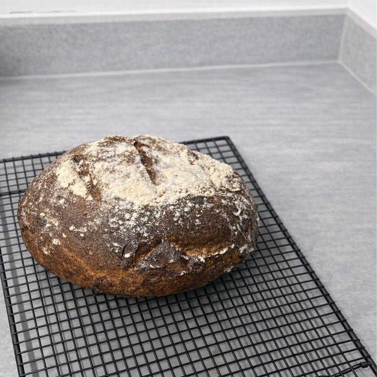 Freshly baked gluten-free artisan loaf bread cooling on a black wire rack atop a grey countertop.