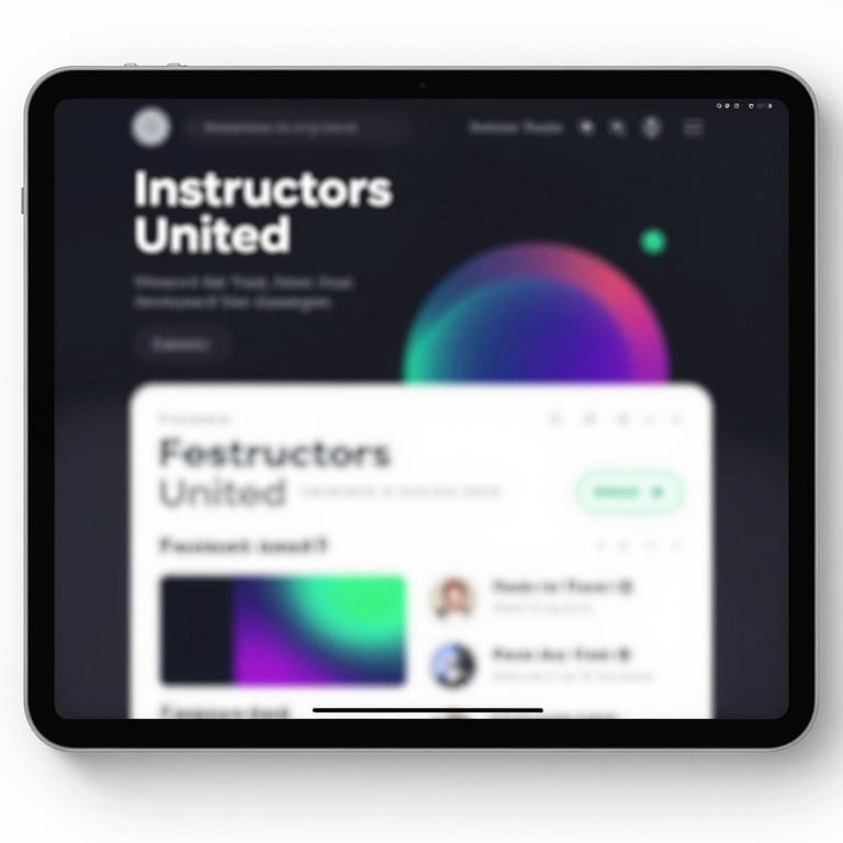 Top-down shot of a digital tablet showing the Instructors United app interface, sleek black design with neon accents.
